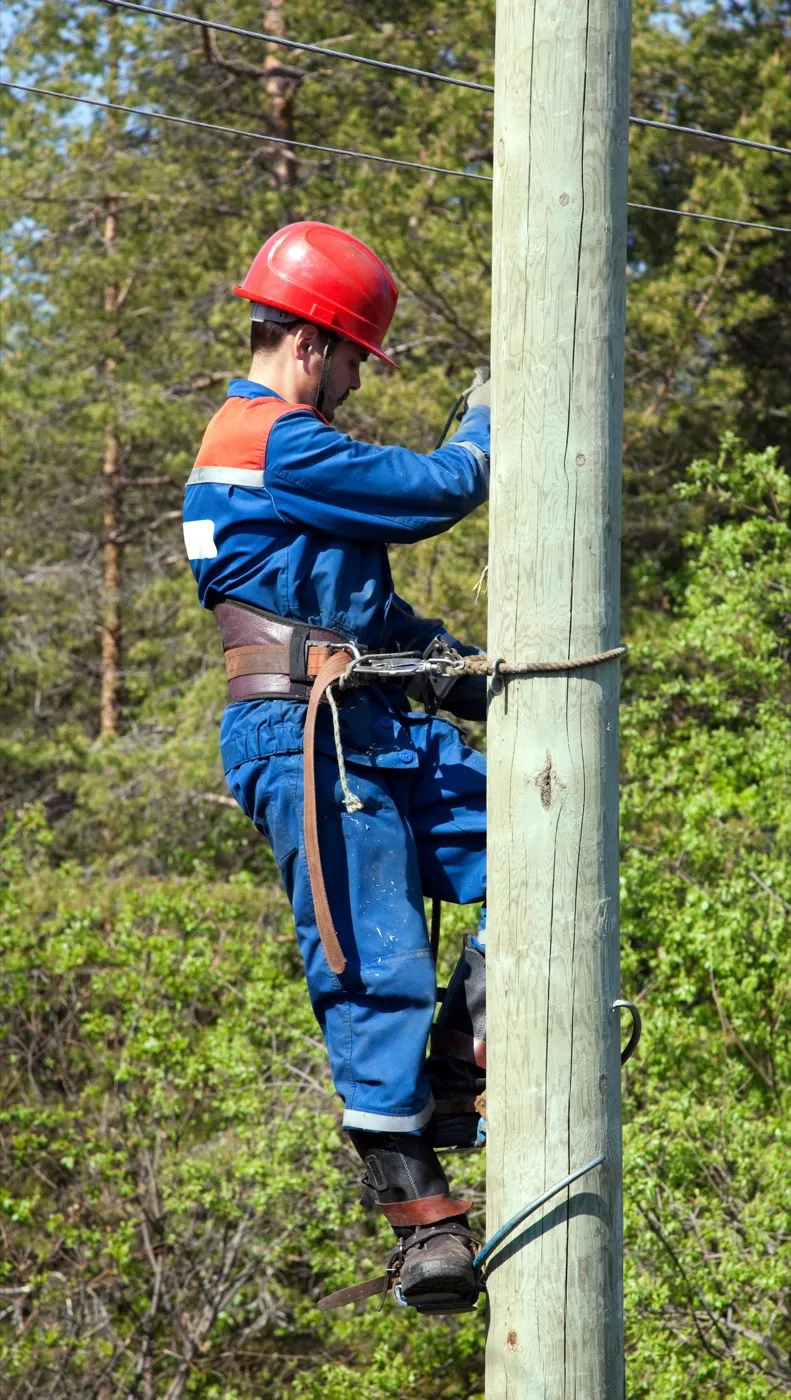 Electrical worker in fall-protection harness and PPE climbing a wooden utility pole